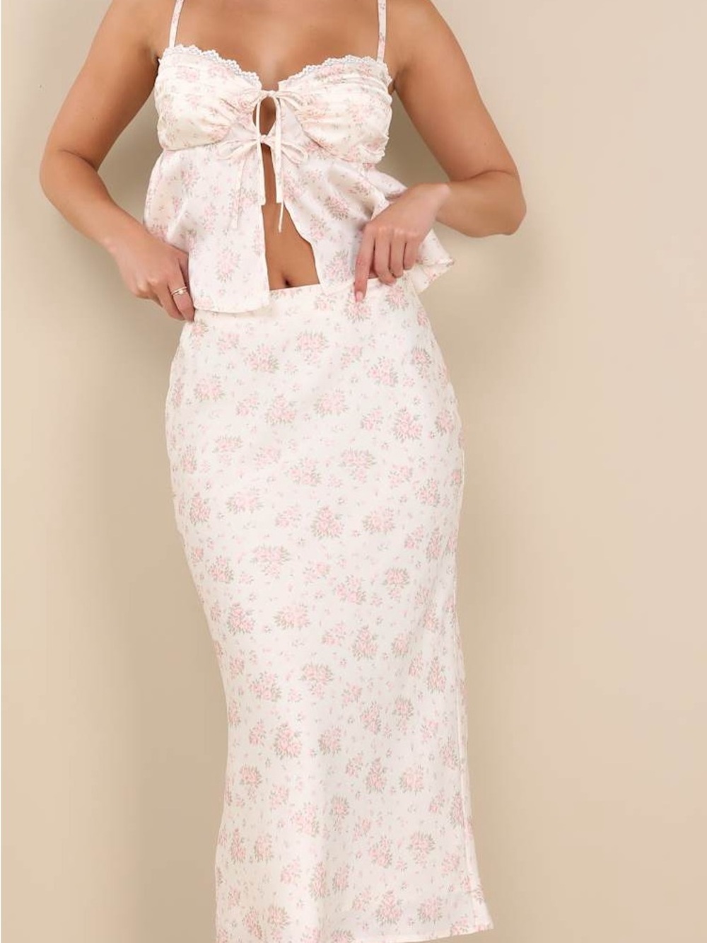 Alexia Ivory Ditsy Floral Satin Slip Midi Skirt set - Picture 2 of 6
